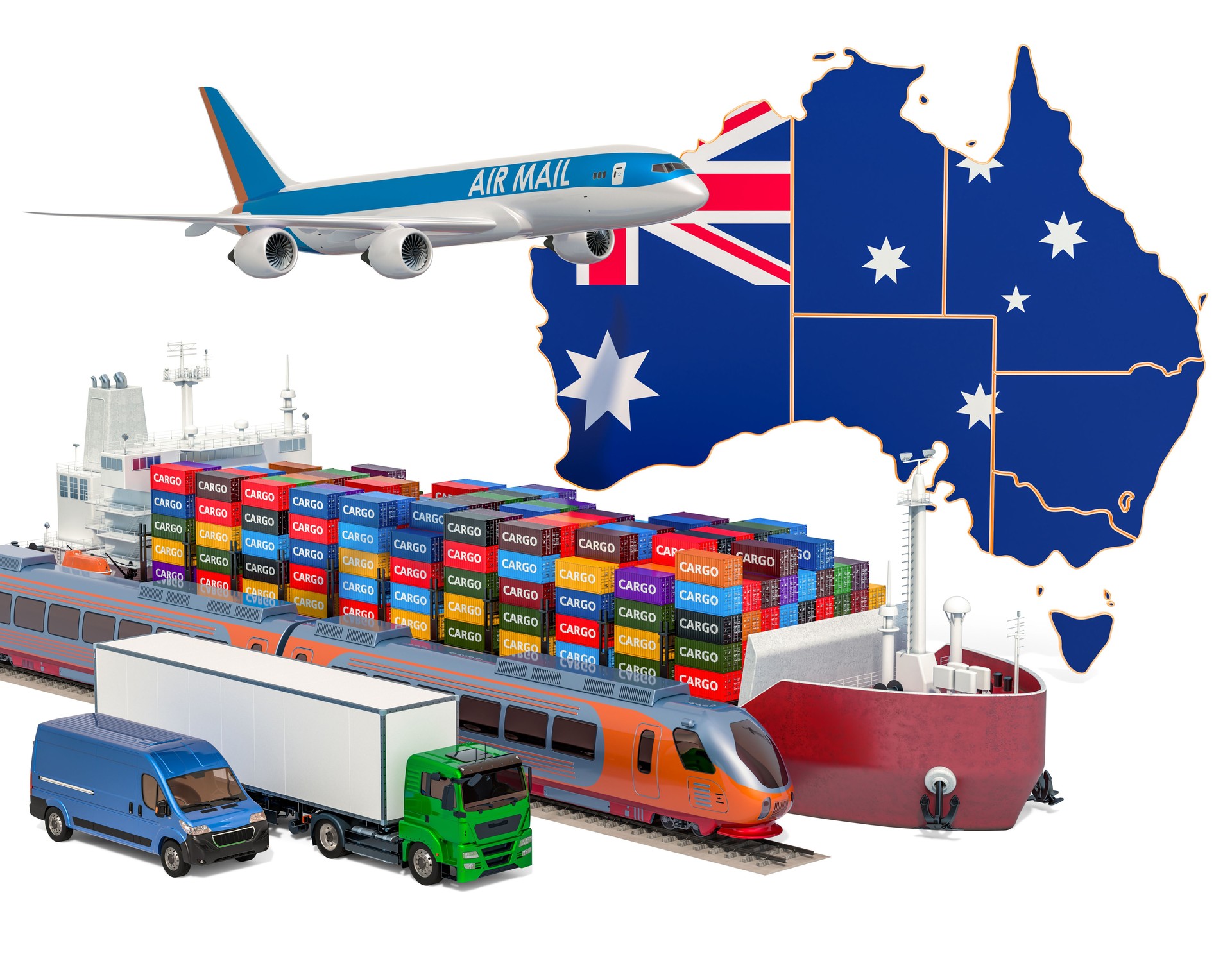 Cargo shipping and freight transportation in Australia by ship, airplane, train, truck and van. 3D rendering isolated on white background